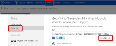 image showing how to share a link using Skydrive, Select Share, Get a Link, Shorten Link